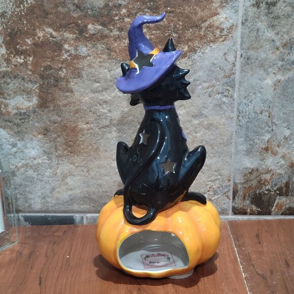 Black Witch Cat on Pumpkin Tealight Candle Holder Halloween - Picture 3 of 11